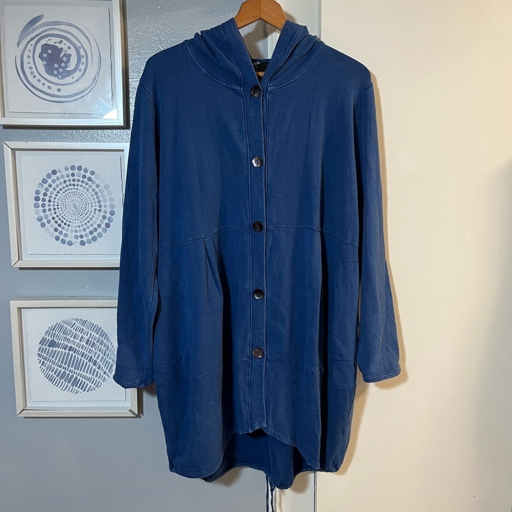 Fenini Womens Blue Hooded Button Up Dress Size L Pockets Made in USA